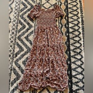 Max Studio Brown and Cream Smocked Maxi Dress